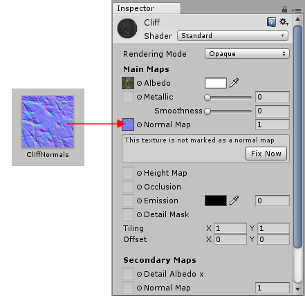 The “Fix Now” warning appears when trying to use a normalmap that has not been marked as such in the inspector.