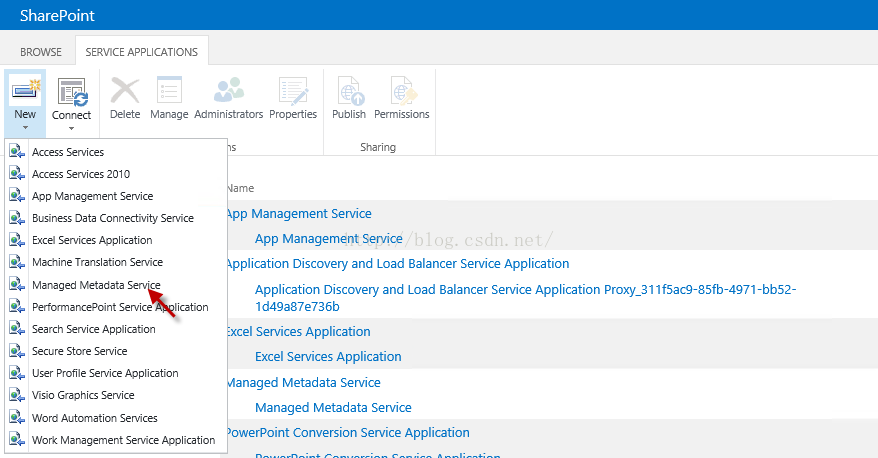 Machine generated alternative text:SharePoint BROWSE SERVICE APPLICATIONS X New 〔 0 ， 亡 Delete Mar.ge Administrators Properties Publish Permissions Shzrlng Access Services Access Services 2m0 App Management Se Business Data Connectivity 5 、 囊 e p Management Sennce App Management Sennce plication Discovery and Load Balancer Service Application Application Discovery and Load Balancer Service Application Proxy 31 If5a 一 85 化 一 4971-bb52- 1d49a87e735b el Services Application Excel Services Application anaged Metadata Service Managed Metadata Service rpoint Conversion Service Application E 、 〔 Services App ication Machine Trans 3 ， 〔 5 Vi Mar.ged 、 ta 匕 歐 3 Performar.point Service Se 〔 h Service Application Secure Store Se 、 〖 e ication User Profile Se Application 、 廳 io GraphlCS Service Word Automatlon Se 酾 〔 e ； Work Management Service Application 