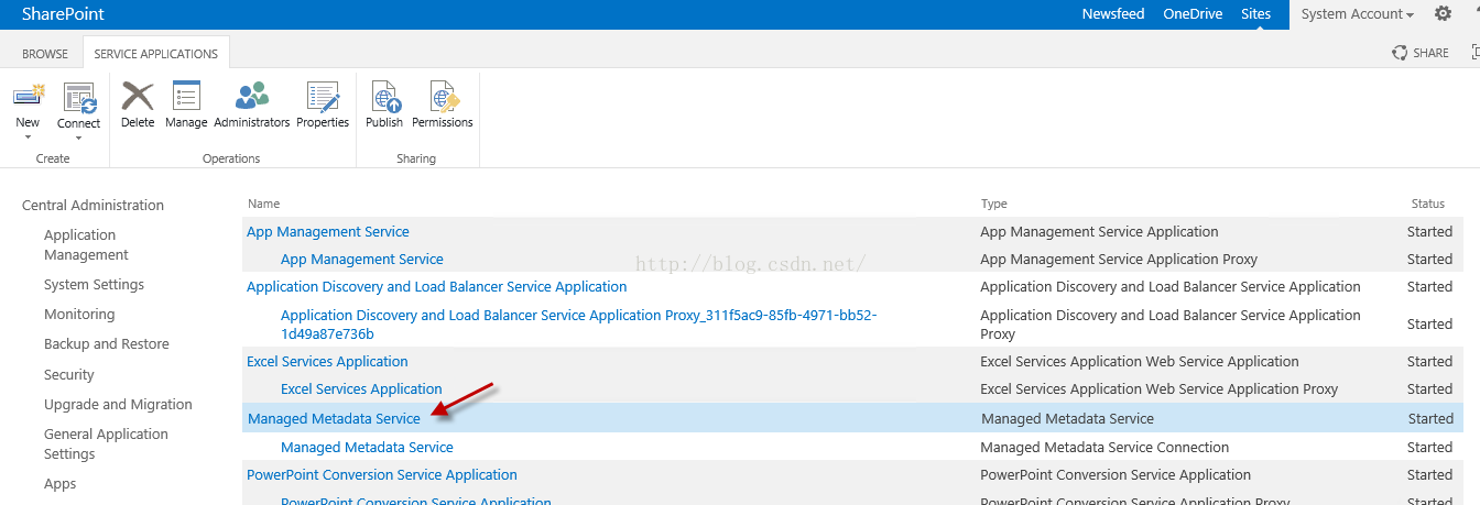 Machine generated alternative text:SharePoint BROWSE SERVICE APPLICATIONS X3 ， Delete Mar.ge Admin-strators Propertles Pu b i ， 1 Permissions Shzrlng Newsfeed OneDrlve Sltes System ACCOU nt · SHARE Status Started Started Started Started Started Started Started Started Started Op 。 ns Name -bb52- Central Administration Application Management System Settlngs Momtonng Backup and Restore Security App Management Service Application App Management Service Application Proxy Application Discovery and Load Balancer Service Application Application Discovery and Load Balancer Service Application Proxy Excel Services Application Web Service Application Excel Services Application Web Service App 糞 on Proxy Managed Metadata Service Managed Metadata Service Connection PowerPoint Conversion Service Application App Management Sennce App Management Sennce Application Discovery and Load Balancer Service Application Application Discovery and Load Balancer Service Application Proxy 31 If5a 一 85 化 一 4971 1d49a87e735b Excel Services Application Excel Services Application Upgrade and Migration Managed Metadata Service General Application Managed Metadata Service Settlngs PowerPoint Conversion Service Application Apps 