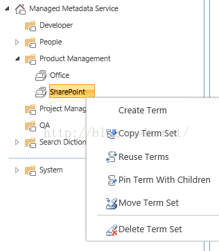 Machine generated alternative text:Mar.ged 、 ta 匕 Service > People P 〖 忑 u Management ， 〔 e Pr 1 、 n Search > m Create Term ecopy Term Set Reuse Terms ， Pin Term With Children ， Move Term Set 苎 Delete Term Set 