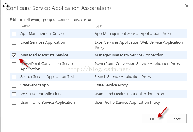 Machine generated alternative text:Service Application Associations Edit the following group of connections: custom 囗 囗 囗 囗 囗 囗 囗 Name App Management Sennce Excel Services Application Managed Metadata Service erP01nt Converslon Servlce App Icatlon Search Service Application Test StateServ1ceApp1 WSS UsageApplication User Profile Service Application App Management Service Application Proxy Excel Services Application Web Service Application Managed Metadata Service Connection PowerPoint Conversion Service Application Proxy Search Service Application Proxy State Servlce Proxy usage and Health Data Co on Proxy user Profile Service Application Proxy Cancel 