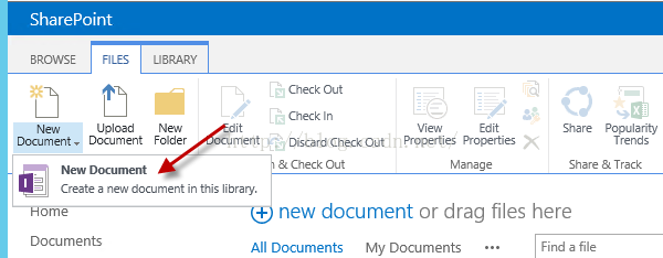 Machine generated alternative text:SharePoint LIBRARY N 已 BROWSE Document · FILES u ， 03d 01e 〔 k Out 01e 〔 k In d 〔 h Out & 01e 〔 k Out View Properties 。 Manage 91zre Popularty Trends Share & Track Document Folder ment Create a new document in 区 library. Documents new docu ment or d rag files here Find a file All Documents My Documents 