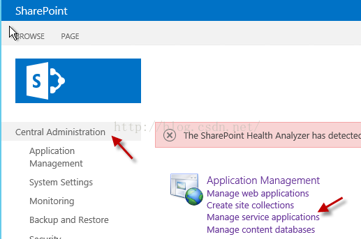 Machine generated alternative text:SharePoint Central Administration Application Management System Settlngs Momtonng Backup and Restore （ 8 ） The SharePoint Health Analyzer has dete Application Management Manage web applications Create site collections Manage service appllcations Manage content databases 