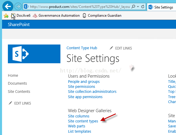 Machine generated alternative text:， ' htt 卩 以 1 丷 ' ite [ ontent ， 霾 01y 卩 e ， 霾 OH 」 酊 yo 」 ． 0 product.com ， ' Site Settings L00 丨 Title Quic Top Char Site Man, D004vE5 SharePoint Home Documents Slte Contents EDIT LINKS Governmance Automation Compliance G uard n Content Type Hub EDIT LI N KS Site Settings Users and perm SSIOnS People and groups Slte permlsslons Site collection administrators Slte app permss.ons Web Designer 6 erl Site columns Slte content types Web parts List templates 