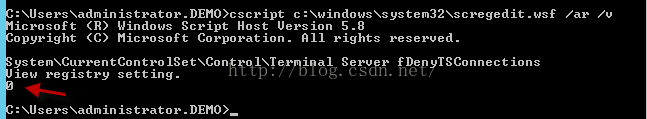 Machine generated alternative text:c:XwindowsXsystem32Xscregedit ． WS f ic ' ． 0 s 0 f t （ ） W in do WS Script H 0 s t U e rs io n 5 ． 8 opyright （ C ） M FO S 0 f t Corporation. R Fights re S e e d ． S e e fDenyTSConneCtions le W regIStry settIng. ： is t rat ， ． ． DEMO)_ /u 