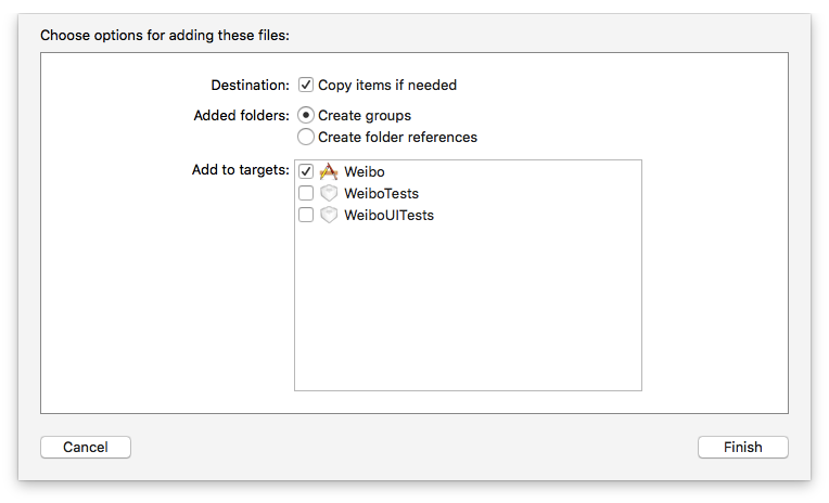 Xcode iOS项目添加资源文件的选项
