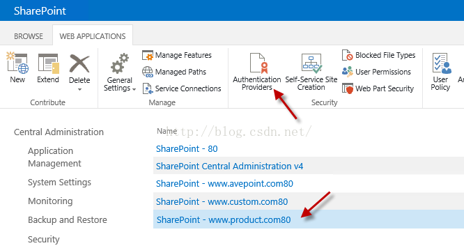 Machine generated alternative text:SharePoint BROWSE APPLICATIONS M Paths 卩 Se 乁 囊 e Connections Manage Name SharePoint _ 80 1 Authentication providers Blocked File T 、 ， 以 ； user Permissions S ， Servi 51e Cre ， on 陀 5E0 卩 O' Security ， X N...' E 、 n 匕 Delete Contribute General Settings · Central Administration Application Management System Settlngs Momtonng Backup and Restore Security SharePoint Central Administration v4 SharePOint _ 、 v.avepoint.com80 SharePoint _ W ` 、 、 v 工 u om 工 0m80 SharePOint _ W ` 、 、 V ． produ 工 0m80  