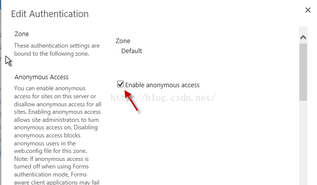 Machine generated alternative text:Ed it Authentication Zone Zone These authentication settlngs are Default 丨 to the 」 丨 0 ng zone Anonymous Access Enable anonymous access You can enable anonymous ， or Sites this — disallow anonymous access for 引 t ． Enabling anonymous access 引 № Site administrators to turn — in web.config file for this zone. Note: If anonymous 引 工 e tumed 0 when using Forms authentlcation m [ Forms — a ications fail 