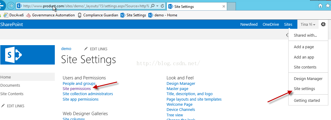 Machine generated alternative text:0 ， ' htt 卩 刀 1 丷 ' produ .com/siterJdemo;' yout 15 ettin 」 ； 叩 x 蔭 our 〔 e = htt 卩 ． 0 ， ' Site Settings Home L00 and Feel Des.gn Manager Master page Title description, and 丨 0g0 Page layouts and site templates Welcome Page Device Channels Tree Vlew Newsfeed OneDrlve Sltes Tina Shared withm Add a page Add an app Slte contents Deslgn Manager Slte settlngs Getting started D004vE5 SharePoint Home Documents Slte Contents EDIT LINKS G m a n demo Compliance G u ard i a n ， ' Site Settings ， ' demo EDIT LINKS Site Settings Users and People and groups Slte permlSSlOnS Site collection administrators Slte app permss.ons Web Designer 6 erl 