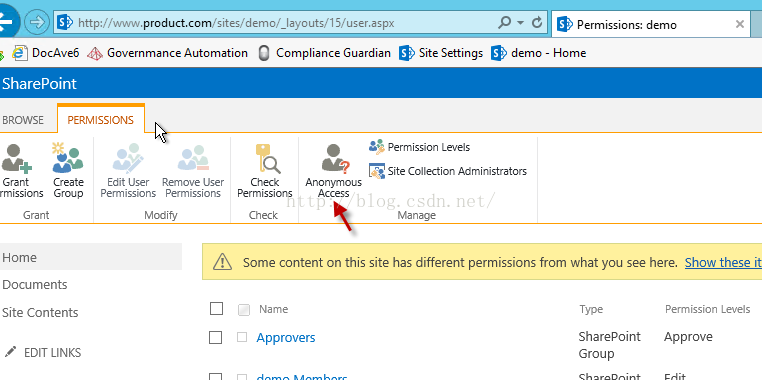 Machine generated alternative text:， ' htt 卩 以 1 丷 ' product.com /sitefclemo," 丨 以 yo 」 t 1 ， 1 正 r 叩 x ， 0 · 0 ， ' permissions: d em 0 D004vE5 Governmance Automation C Compliance G uard n ， ' Site Settings ， ' demo Home SharePoint ， 丨 。 n Manage BROWSE PERMISSIONS Edit User ModiW 小 囗 Grant Create rmissions Group Grant Home Documents Slte Contents EDIT LINKS Check: Aru)nyrnous Permissions Acce 〔 h Some content on th site has different permissions 行 0m What you see here. Show these It 囗 Name Approvers SharePoint Group Permission Levels Approve 