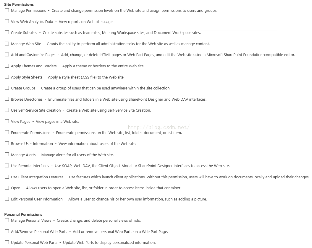 Machine generated alternative text:Site Permissions [ 〕 Manage Permissions _ Create and change permission levels on the Web site and assign permlssions to users and groups. 囗 View Web Analytics Data _ View reports on Web site usage. [ 〕 Create Subsites _ Create subsites such as team sites, Meeting Workspace sites and Document Workspace sites. 囗 Manage Web Site _ Grants the abilityto perform administration tasks for the Web site well as manage content. 囗 Add and Customize Pages change, or delete HTML pages or Web Part Pages, and edit the Web site using a Microsoft SharePoint Foundation-compatible editor. 囗 Apply Themes and Borders Apply a theme or borders to the entire Web site. 囗 Apply Style Sheets _ Apply a style sheet CCSS to the Web 点 t 巳 囗 囗 囗 囗 囗 囗 囗 囗 囗 囗 囗 Create Groups _ Create a group Of users that can be used anywhere within the site collection. Browse Directories 一 Enumerate files and folders in a Web site using SharePoint Designer and Web DAV interfaces. Use Self-Service Site Creation _ Create a Web site using Self-Service Site Creation. View Pages View pages in a Web site. _ Enumerate permissions on the Web 点 t list, folder, document, or list item. Enumerate permlSSlOns Browse User Information _ View information about users Of the Web site. Manage Alerts Manage alerts for users ofthe Web site. Use Remote Interfaces 一 Use SOAP, Web DAV, the Client Object Model or SharePOint Designer interfaces to access the Web site. Use Client Integration Featu res _ Use features which launch client applications. Without this permission, users will have to wo on documents locally and upload their changes. Open _ lows users to open a Web 点 t 笥 list, or folder in order to access items inside that container. Edit Personal user Information 一 Allows a user to change his or her own user informatlon, such adding a picture. Personal Permissions 囗 囗 囗 Manage “ on 引 Views _ Create, change, and delete personal views of lists. Add/Remove Personal Web Parts Add or remove personal Web Parts on aWeb Part Page. Update Personal Web 鼯 s 一 Update Web Parts to display personalized information. 