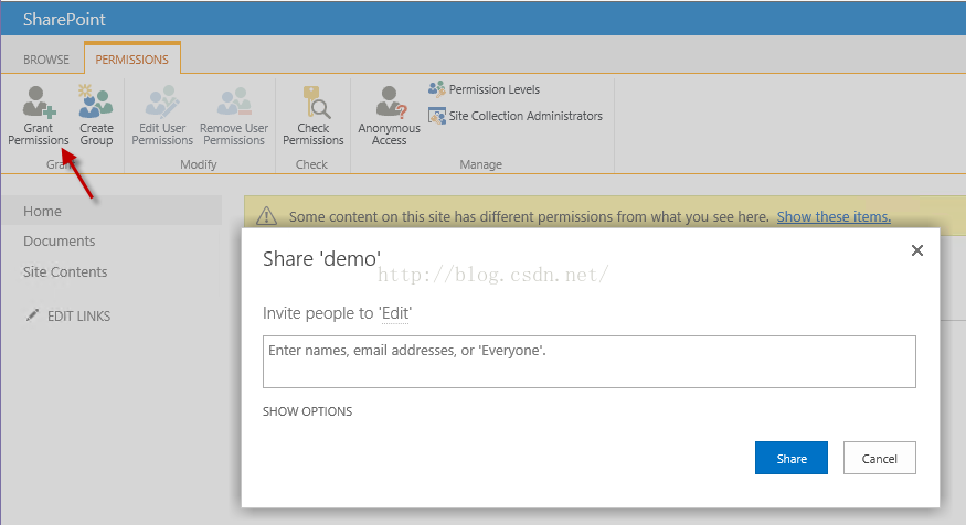 Machine generated alternative text:SharePoint 〔 0 亡 ion Administrators non 厂 nou ； Acce Vanage BROWSE PERMISSIONS Edit Remove MC 匕 i ， Cancel Grant Create P m iC Group H 0 me Documents & Contents EDIT LINKS [ ， 〔 he 〔 Share 'demo' Invlte people to 'Edit' Enter names, email add ， or 'Everyone'. SHOW OPTIONS Share 