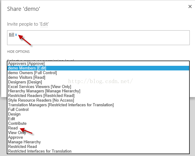 Machine generated alternative text:Share 'demo' Invlte people to 'Edit' HIDE OPTIONS rovers A demo Members Edit demo Owners (Full Controll demo Visitors (Read) Designers LDesign) Excel Services Viewers IView Only) Hierarchy Managers (Manage Hierarchy) Restricted Readers (Restricted Readl Style Resource Readers ()o Access) Translation Managers (Restricted Interfaces for Translation) Full Control Design Edit Contribute Read View O Approve Manage Hierarchy Restricted Read Restricted Interfaces for Translation 