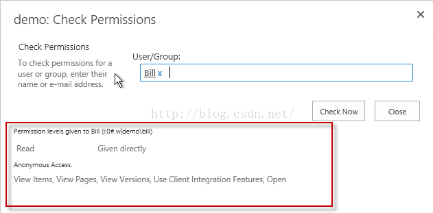 Machine generated alternative text:demo: Check Permissions Check Permisslons user/Group: ， 0 check permissions for a user or group, entertheir — e—mail Check Is 三 n to Ell/ { 1 # Given directly "Tiew Items, View Pages, View Versions, Use Client Integration Features, Open 