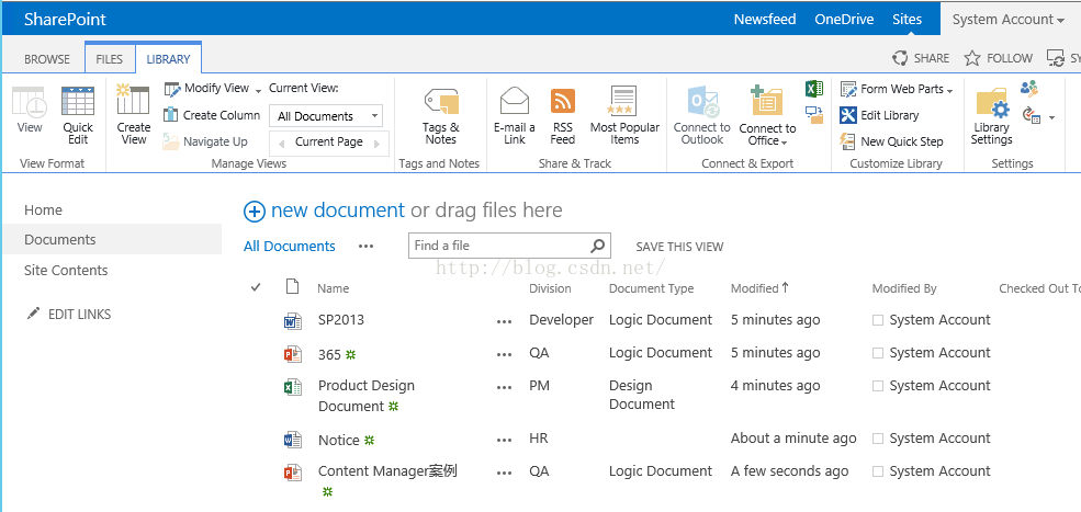 Machine generated alternative text:SharePoint LIBRARY I 冫 ， M 〔 i ， 、 1 V · 〔 r Vi 已 、 ： Create Column All Documents Newsfeed OneDrlve Sltes System Account · SHARE FOLLOW BROWSE View Quick 、 1 V Format Home Documents FILES T & 1 and Notes E mail a RSS MO 貧 POP 凵 」 n Feed Share & T 衄 口 Connect to Connect to [ Office · Connect & p01 匕 Form Web ， t ； · Edit Library ， 目 New 0 」 i Step Customize Library Modified By № a Up Manage V 、 巧 〔 r Page Library Settings Settings Checked Out Create View （ new docu ment or d rag files here All Documents Find a file SAVE THIS VIEW Document Type LoglC Document LoglC Document Des.gn Docu m ent LoglC Document 囗 寸 轤 酽 轤 Name SP2013 365 Product Design Document Nonce Content Manager*5 」 Modified 5 mlnutes ago 5 mlnutes ago 4 mlnutes ago Slte Contents EDIT LINKS D 区 n Developer System Account System Account System Account System Account System Account About a minute ago A few seconds ago 