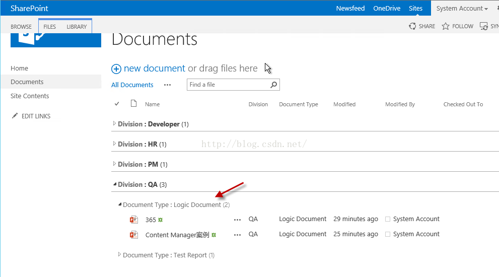 Machine generated alternative text:SharePoint Documents （ new docu ment or d rag files here 、 Document Type LoglC Document LoglC Document Newsfeed Modified OneDrlve Sltes System Account · SHARE FOLLOW BROWSE Home FILES Checked Out TO All Documents 囗 Name > Division ． ． 0 ” op ” （ 1 ） > Division ： HR 〔 1 ） > Division ． ． PM 〔 1 ） Division ： QA Find a file Division Documents Slte Contents EDIT LINKS Modified ay System Account System Account Document Type ： LoglC Document （ 2 ） 365 Content Manager*F! 」 > Document Type ： Test Report 1 29 mlnutes ago 25 mlnutes ago 