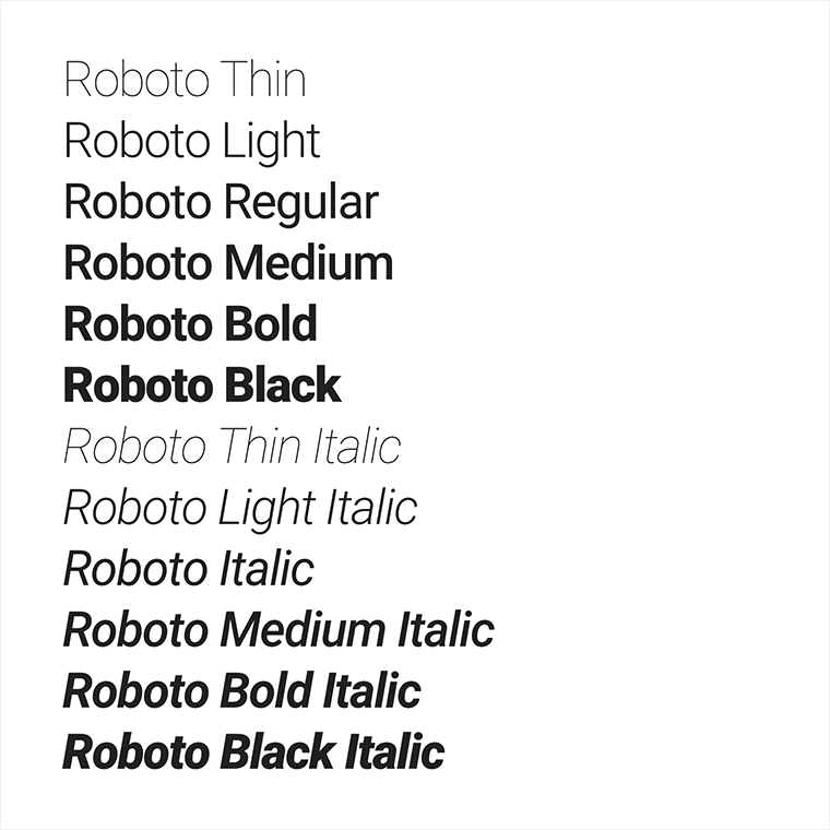 Roboto有6种字重：Thin、Light、Regular、Medium、Bold 和 Black。