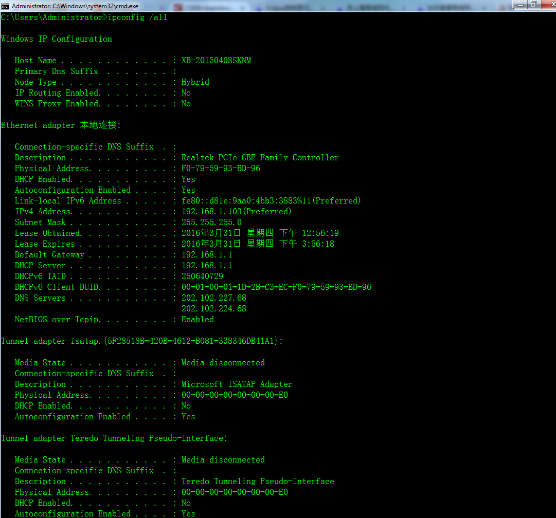 执行ipconfig /all命令后的界面
