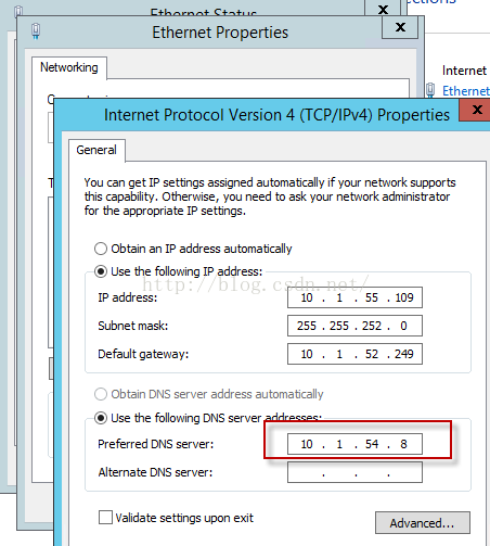 Machine generated alternative text:Ethernet Propertles Internet Eth ern et nternet Protocol Version 4 (TCP/IPv4) Propertles General You 〔 以 n get IP settings assigned 以 utom 以 t 〔 引 ， if your netvvork supports this 〔 以 p 以 ， 丨 it/ Otherwise ， ou need to ask your neWvork administrator for the appropriate IP setbngs. 0b 們 引 1 IP address tom 以 t 〔 引 ， 255 · Use the fo № 們 g IP address. IP address. Subnet mask: Defaultgateway: 255 252 54 （ 〕 Obtain DNS server address 以 utom 以 t 〔 引 ， ． the fo № 們 g DNS server Preferred DNS server Alternate DNS server [ 〕 Validate settings upon exit 川