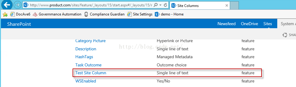 Machine generated alternative text:' ， ' http://www. product.com/sites/feature.l」 朝℃Lt豇15 鑫 t 匕 叩 ： 了 I 吖 out 1 5/r ． 0 ， ' Site Columns Newsfeed OneDrive teature feature feature feature feature feature Sites System 丿 丨 会 司 D004vE5 SharePoint Governmance Automation Compliance G uard n Category Picture Description HashTags Task Outcome Test Site Column WSEnabled Site Settings ， ' d em 0 H om e Hyperllnk or PICture Single line of text Managed Metadata 〔 」 Choice Single line oftext Ye 0 