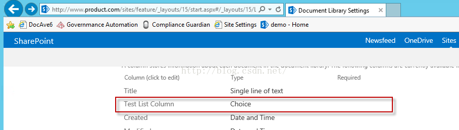 Machine generated alternative text:， ' http://www. product.com/sites/feature.l」 朝℃Lt豇15 鑫 t 匕 叩 x 了 I 吖 out 1 5/1 ． 0 ， ' Document LibrarySettings OneDrive Sites 会 司 D004vE5 Governmance Automation C Compliance G uard n SharePoint Column (click to edit) Title Test List Column Created Site Settings ， ' demo Home Single line oftext Choice Date and Time Newsfeed Required 