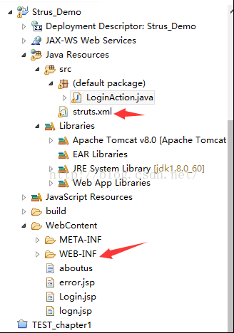 计算机生成了可选文字: Strus Demo  Deployment Descriptor: Strus_Demo  'AX-WS Web Services  Java R  esou rces  dB (default package)  Log i nActio nja va  struts.xml  Libraries  Apache Tomcat v8.O [Apache Tomcat  EAR Libraries  'RE System Library  üdkl .8.0_60]  Web App Libraries  JavaScript Resources  build  WebContent  B META-INF  e, WEB-INF  a  aboutus  error.Jsp  Loginjsp  D logn.jsp  TEST_chapterI 