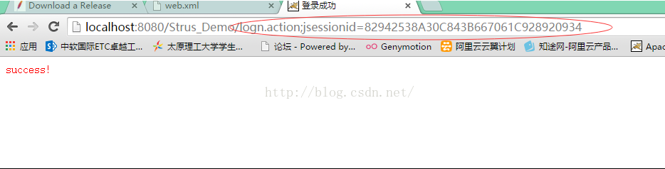 计算机生成了可选文字: Download a Release  web.xml  -5 C t localhost  = - Powered by... 00 Genymotion 'L  success!  Apac 