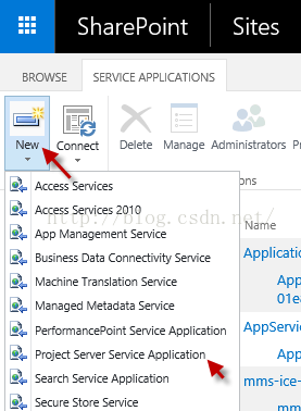 Machine generated alternative text:SharePoint SERVICE APPLICATIONS S Ites BROWSE New 〔 0 ， 亡 Delete Mar.ge Administrators Access Access Services 2m0 App Management Se Business Data Connectivity 5 、 囊 e Machine Trans 3 ， 〔 5 Vi Mar.ged 、 ta 匕 歐 3 Service Performarcepoint Se 、 〖 e Application Project Server Serv'ice p ， iC 您 n Se 〔 h Service App.-cation Secure Store 、 i Name AP ， AppServ1' 