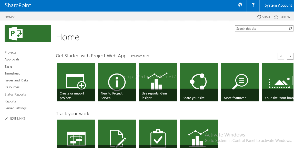 Machine generated alternative text:SharePoint BROWSE ProJects Approvals Tasks Timesheet Issues and Risks Resources Status Reports Reports Sewer Settlngs EDIT LINKS Home Get Started with Project Web App REMOVE TH use 下 PO s. G 引 n Insight. Share pur site. Act IV Go to System Account SHARE FOLLOW YO Ll r site. You r bra Search this site More features? e M/indOWS Create or Impart prp 」 ects. Track your work New to Project Server? tem in Control Panel to activate Windows. 
