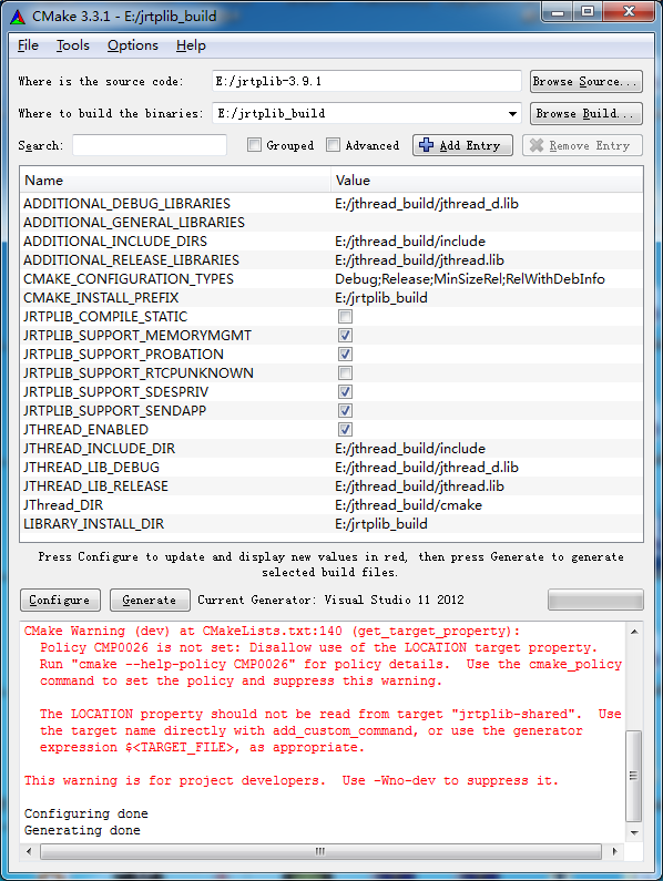 Windows 7（Win7）下Visual Studio 2012（VS2012）编译jrtplib与MinGW编译jrtplib