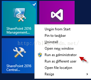 Machine generated alternative text:SharePoint 2m6 Management... SharePoint 2m6 Central... Ungln from Sta 1 P i n to taskbar U n In 訓 Open n ew wi n d ow Run ， admin15trator Open e location Resize 