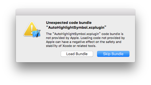 新安装插件重启Xcode后会弹出这个提示，一定要选择**<code>Load Bundle</code>**