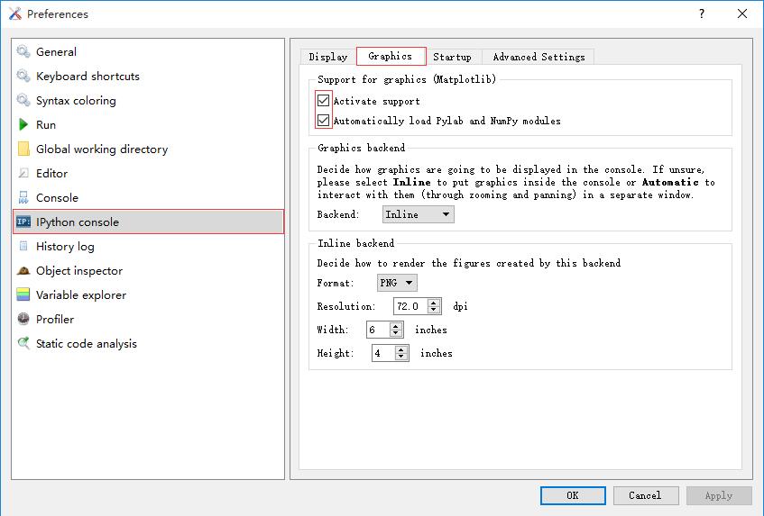 2. 选择“IPython console”切换到“Graphics”,勾选“Activate support”以及“Automatically ...”