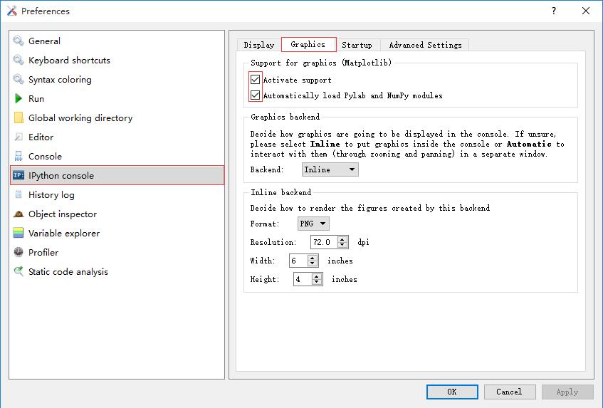 2. 选择“IPython console”切换到“Graphics”，勾选“Activate support”以及“Automatically ...”