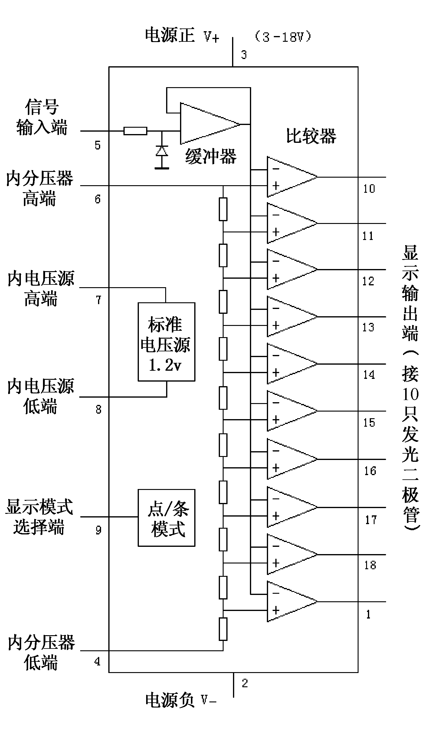 分压电阻均为1k9连11,点状显示;9连3,条状显示7,8为芯片内置标准电压