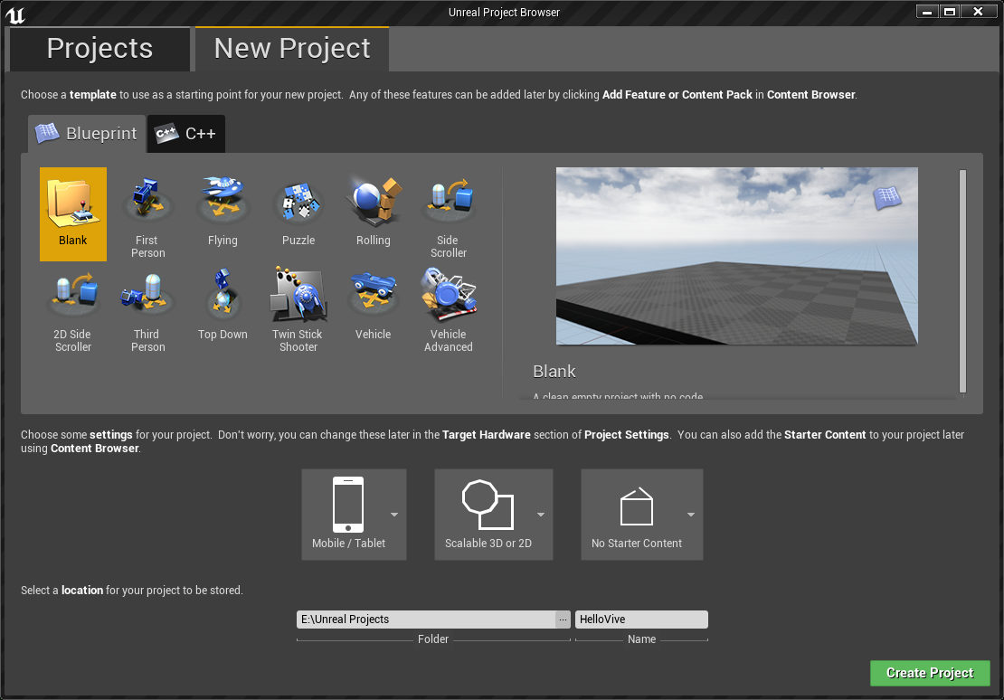 创建一个空白的蓝图模板工程HelloVive