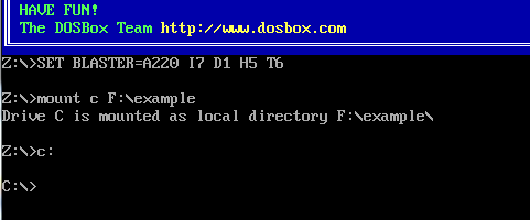 2.打开DOSBox,输入mount  c F:\example