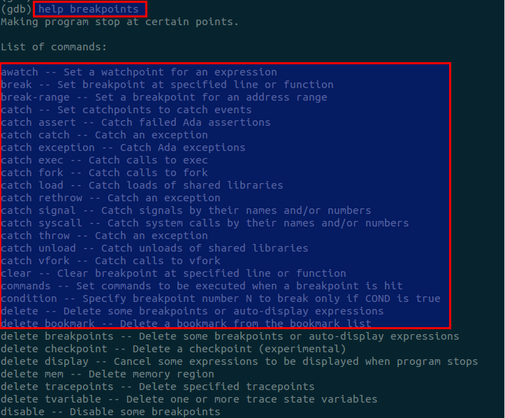 gdb help breakpoints