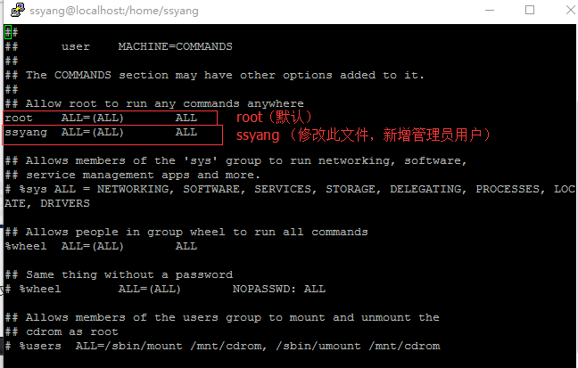 root用户下执行visudo命令编辑/etc/sudoers文件