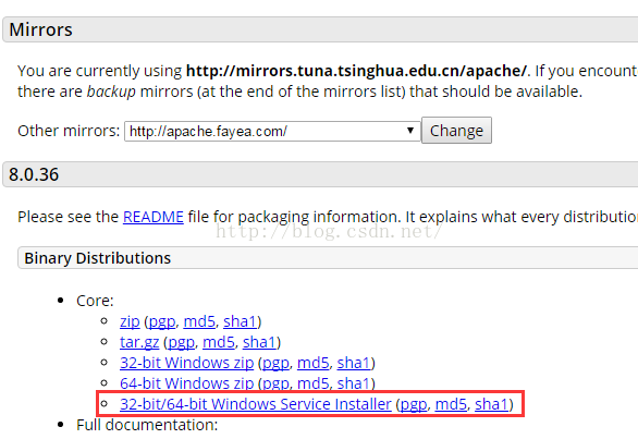 （3）在DownLoad的下方，有着各个版本的Tomcat，我们可以直接单击所需要的版本进入下载页面（或者单击Archives链接，进入远程服务器文件夹列表页面选择相应的版本下载），这里我选择Tomcat 8进行下载    （4）我们可以看到内容页中已经显示出了tomcat 8的相关信息，这里我们选择下载8.0.36, 我们要使用和下载的是Binary Distributions（二进制文件）中的32-bit/64-bit Windows Service Installer（我们还可以下载32-bit或64-bit的Windows zip，进行免安装配置）   （5）单击链接以后，很快文件便下载在了本地  