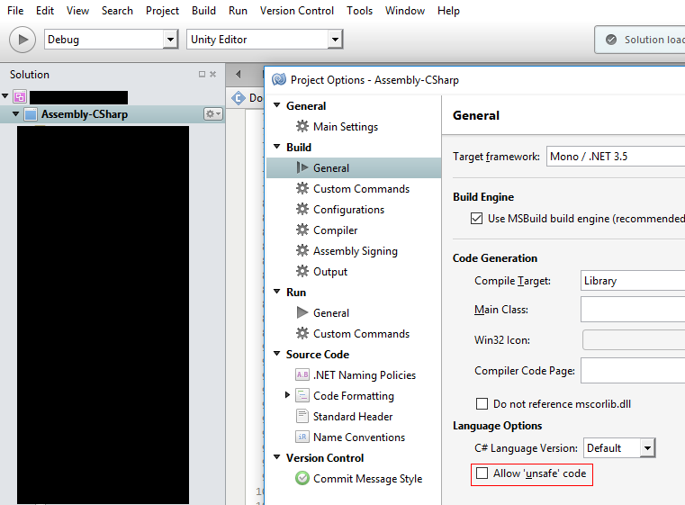 Unity3D MonoDevelop unsafe code may only appear if compiling with 