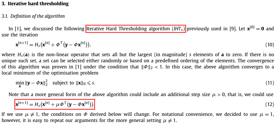 压缩感知重构算法之迭代硬阈值(Iterative Hard Thresholding,IHT)