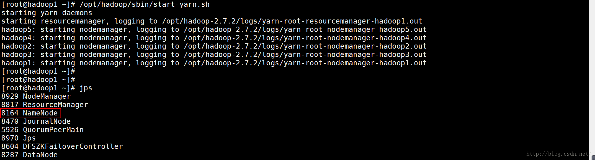计算机生成了可选文字:|0[root@hadoopl -]# /opt/hadoop/sbin/start-yarn.sh starting starting hadoop5 : hadoop4 : hadoop2 : hadoop3 : hadoopl : yarn daemons resourcemanager, logging to /opt/hadoop-2.7.2/logs/yarn- root- resourcemanager-hadoopl.out starting starting starting starting starting nodemanager , nodemanager , nodemanager , nodemanager , nodemanager , j ps logging logging logging logging logging to to to to to /opt/hadoop /opt/hadoop /opt/hadoop /opt/hadoop /opt/hadoop 7 . 2/ logs/ ya rn - root - nodemanager - hadoop5. out 7 . 2/ logs/ ya rn - root - nodemanager - hadoop4. out 7 . 2/ logs/ yarn - root - nodemanager - hadoop2 . out 7 . 2/ logs/ ya rn - root - nodemanager - hadoop3. out 7 . 2/ logs/ ya rn - root - nodemanager - hadoopl . out [ root@hadoopl [ root@hadoopl [ root@hadoopl 8929 8817 8164 8470 5926 8970 8604 8287 NodeManage r Resou rceManage r NameNode Jou rnalNode QuorumPee rMain JPS DFSZKFailoverCont roller DataNode