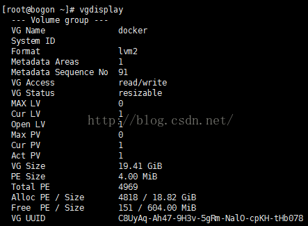 计算机生成了可选文字:[root@bogon vgdisplay - Volume group VG Name Systan ID Fomat Metadata Areas Metadata Sequence No VG Access VG Status MAX LV cur LV Open LV Max PV cur PV Act PV VG Size PE Size Total PE AUoc PE VG WID Size Size docker vn2 91 read/write resizable 19.41 GiB 4.@€ MiB 4969 4818 / 18.82 GiB 151 / 6€4.@€ MiB C8UyAq -5gRn -Na10-cpKH-tHb€78 