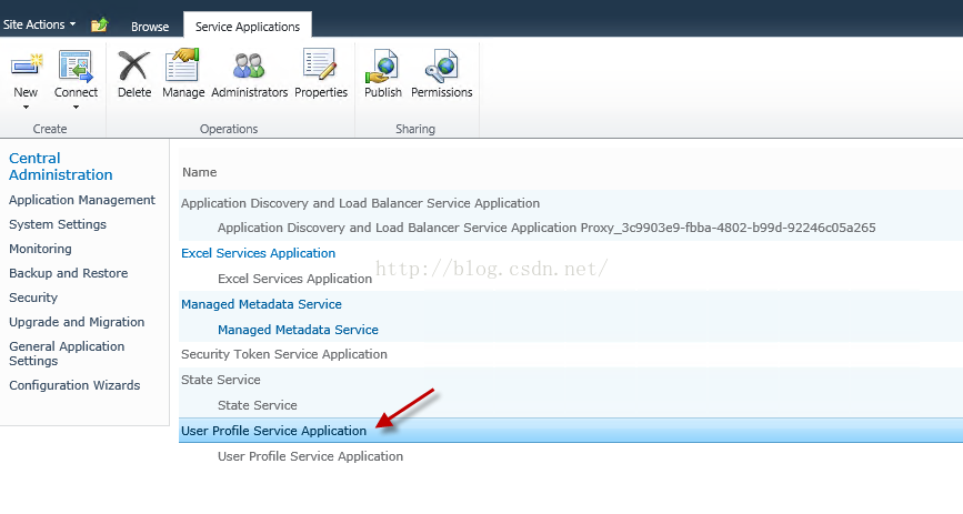 Machine generated alternative text:SiteActions · Browse Se i AP ， i ons Publish Permissions SWIng New 志 〔 01 ， 亡 区 Delete ， 彐 Manage Admin-strators Propernes Operations Name Central Administration Application Management System Settlngs Montonng Backup and Restore Security Upgrade and Migration General p ， 忙 以 tion Settlngs Configuration Wizards Application Discovery and Load Balancer Service Application Application Discovery and Load Service Application prox 一 3cg903e9 一 ba 一 48D2 一 b99d 一 g2246 05d2s5 Excel Se ” i 〔 、 Application Excel Se ” i 〔 、 Application Managed Metadata Service Managed Metadata Service Security Token Service Application State Servace State er Profile Service Application User Profile Service Application 