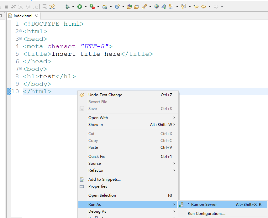 图 10 在刚才的html编辑页面，右键Run As->Run on Server
