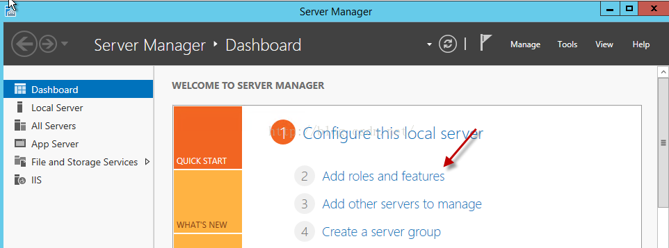 Machine generated alternative text:Server Manager Server Manager · Dashboard Manage Tools View Help Dashboard Lo ℃ ， Server All Servers File and Storage Services > WELCOME TO SERVER MANAGER ． Configure this I oca I ser QU ℃ K START 2 3 WHAT 、 NEW 4 Add roles and features Add other servers to manage Create a server group 