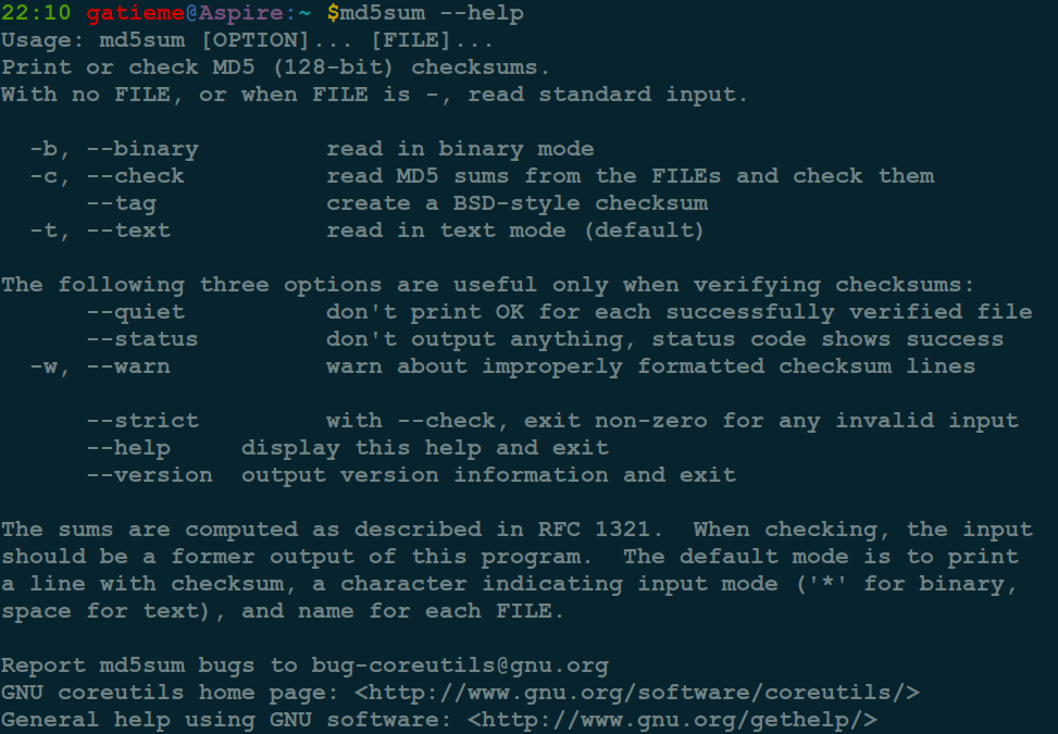 使用<code>md5sum --help</code>查看其帮助信息