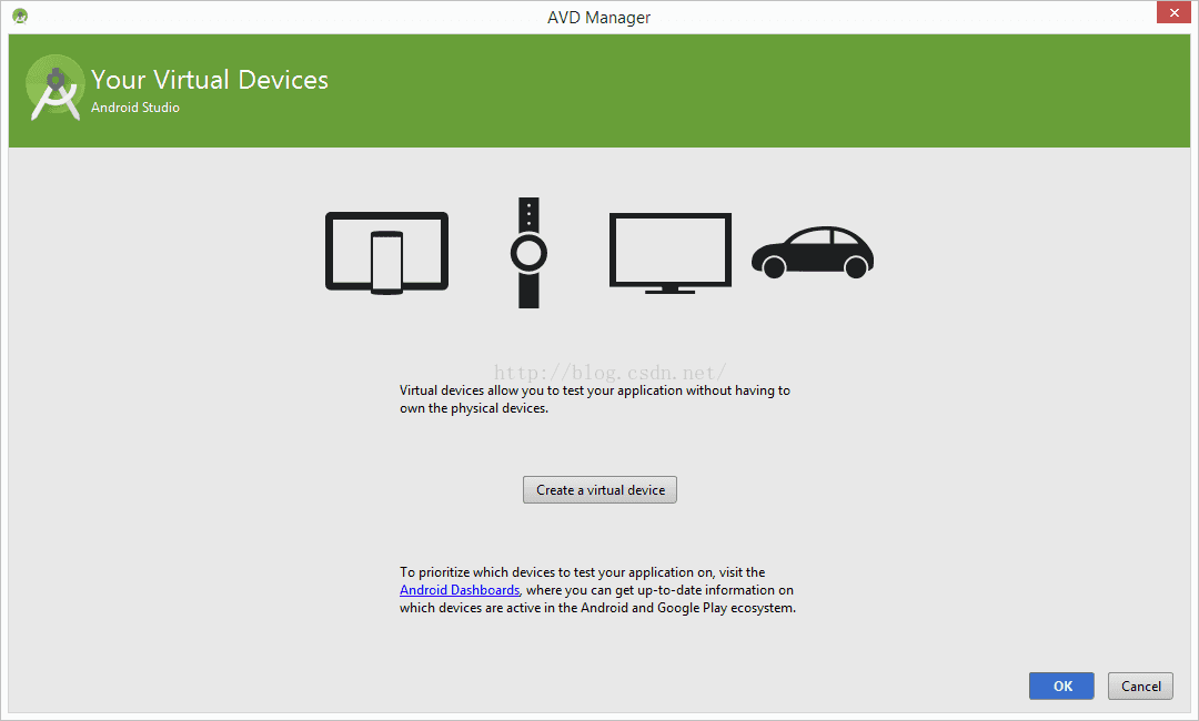 Your Virtual Devices Android Studio AVD Manager Virtual devices allow you to test your application without having to cwn the physical devices. Create a virtual device To prioritize which devices to test your application on, visit the Android Dashboards, where you can get up-to-date information on which devices are active in the Android and Google Play ecosystem. 