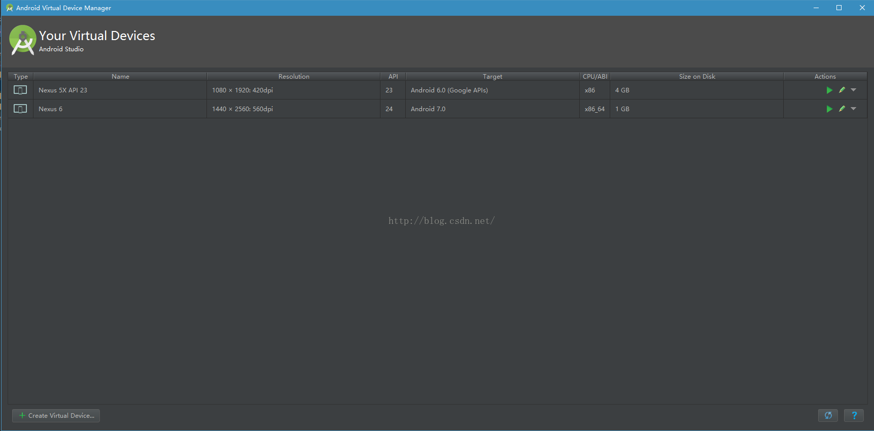 Android Virtual Device Manager Type Your Virtual Devices Android Studio Na me Nexus 5X API 23 Nexus 6 Create Virtual Devicem Ta rget Android 6.0 (Google APIs) Android 7.0 CPU/A81 x86 64 Size on Disk Actio ns 1080 x 1920: 1440 x 2560: Resolution 4208 pi 5608 pi 